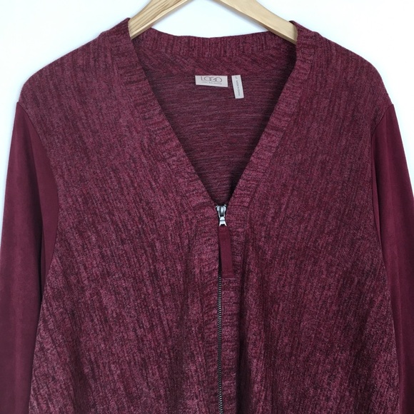 LOGO Lori Goldstein Women’s Asymmetric Cardigan Sweater Size L Maroon Full Zip - Picture 5 of 11